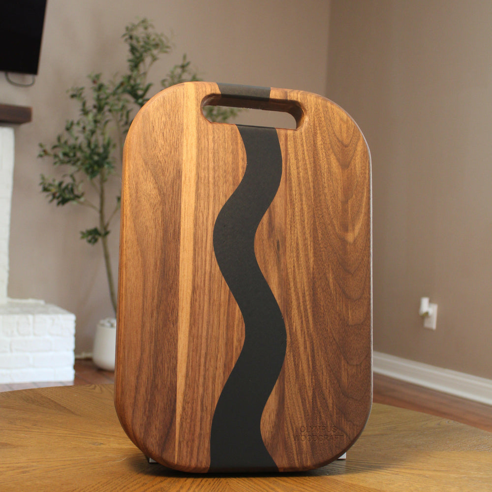 Walnut Sushi Board Matte Black River S-Curve 18x12 Serving.