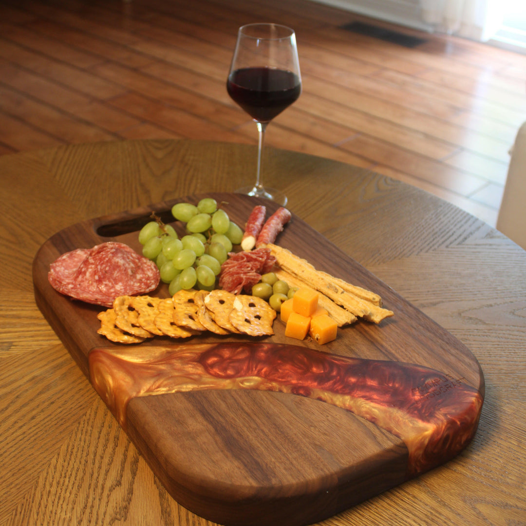 Walnut Board Blood Red Gold River One-of-a-Kind Organic Shape.