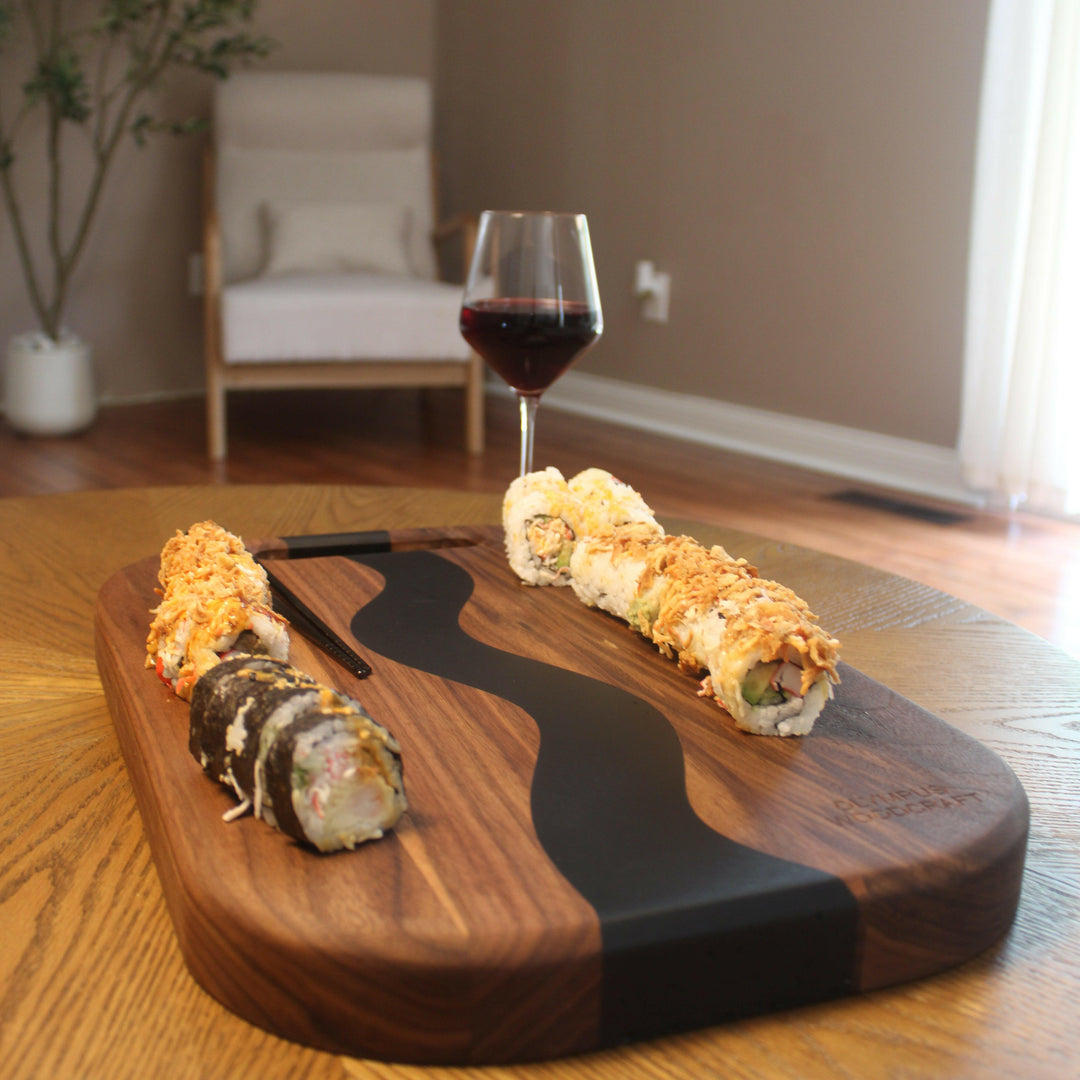 Walnut Sushi Board Matte Black River S-Curve 18x12 Serving.