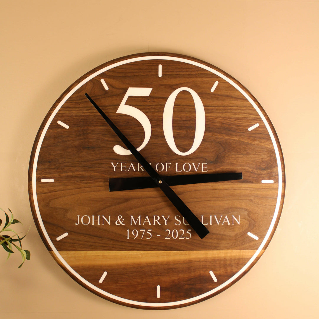 50th Anniversary Clock | Custom Hardwood & Epoxy Wall Clock | Personalized Gift.