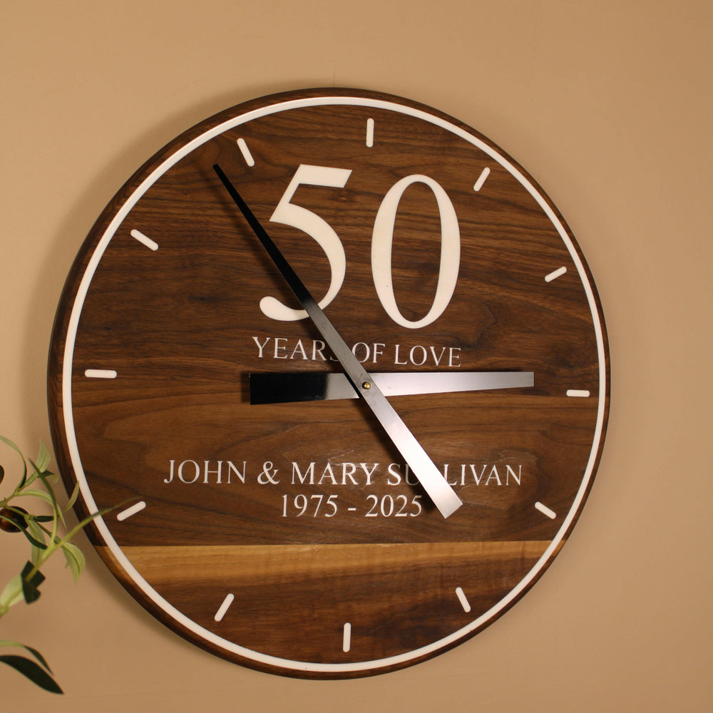 50th Anniversary Clock | Custom Hardwood & Epoxy Wall Clock | Personalized Gift.